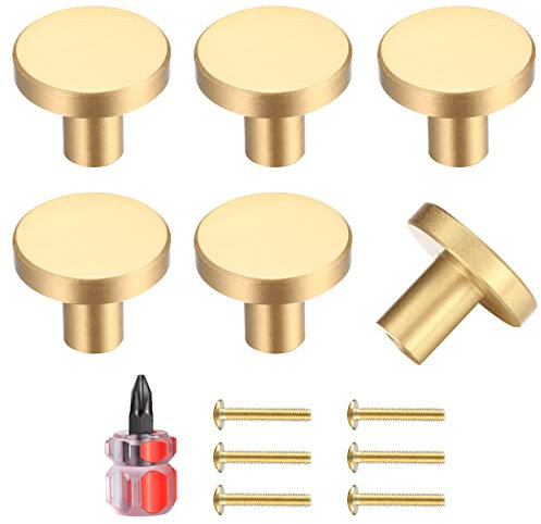 Yibaijia 6 Pcs Round Cabinet Knobs, Gold Brass Drawer Knobs, Door Kitchen Hardware Cupboard Knob, Stainless Steel Single Hole Handle with Screws for Home Decorating, Cupboard, Wardrobe (20mmx25mm)