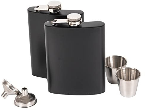 2pcs Stainless Steel Hip Flask 8oz + Funnel + 2 Cups - Men's Whiskey Flask, Black
