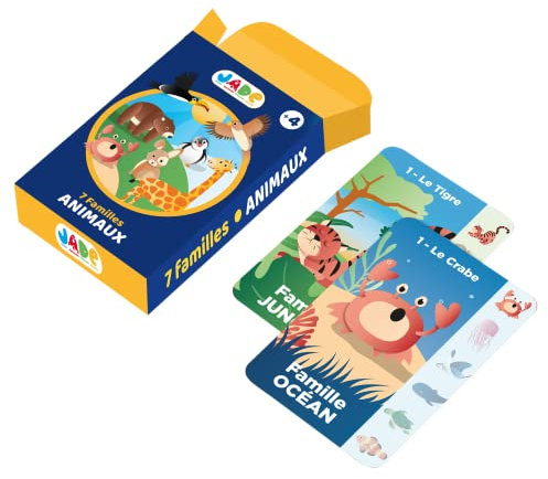 J.A.D.E - Jeu de 7 Familles sur Le Theme des Animaux - Jeu de Cartes - 142121-54 Cartes - Multicolore - Cartonné - Design Français - Puzzle Enfant - Jade - À Partir de 4 Ans