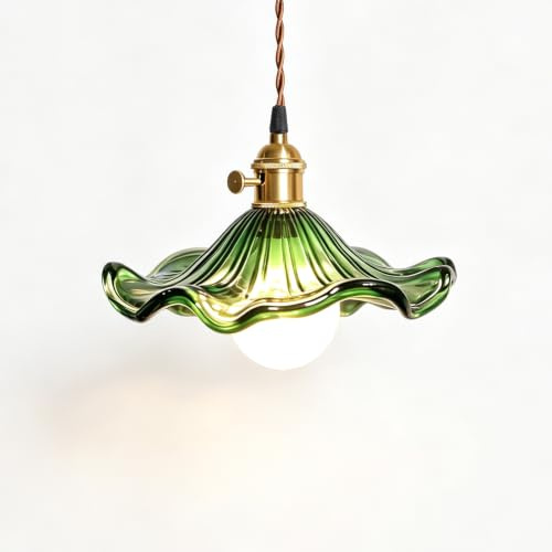 Chrasy Glas Taklampa Lotusformad Skärm i Glas Grön E27 Ø22 cm 100 cm Kabel | På och av Reglage, Flätad Sladd för Synlig Upphängning, Passar LED Halogen och Energisparljus, för Kök Matplats Sovrum Café
