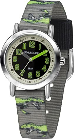 Jacques FAREL Kinder-Armbanduhr Lernuhr Jungen Analog Quarz mit Stoffband Textilband Dinosaurier T-Rex Grau Schwarz Grün KPS 605
