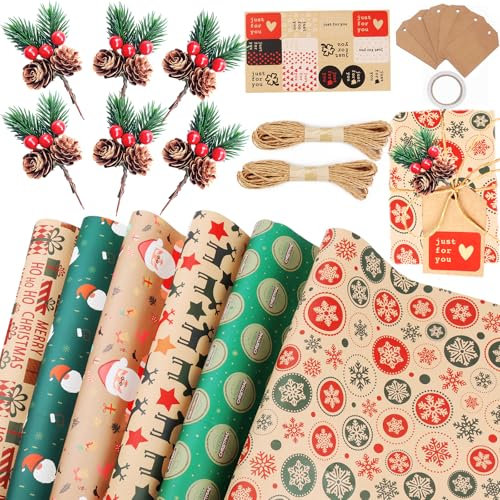 Geschenkpapier Weihnachten Set,Weihnachtspapier Geschenkpapier Weihnachten Kraftpapier Weihnachtsgeschenkpapier Natürliches Recyclingpapier Verpackungspapier für Weihnachten Geburtstag(50x70cm)