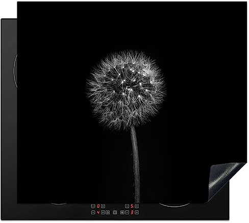 KitchenYeah© Herdabdeckplatte Induktion Schutzmatte Küche Herdabdeckung | 60x52 cm - Ceranfeld Induktionsmatte Cerankochfeld Abdeckung Löwenzahn - Schwarz - Blumen - Botanik