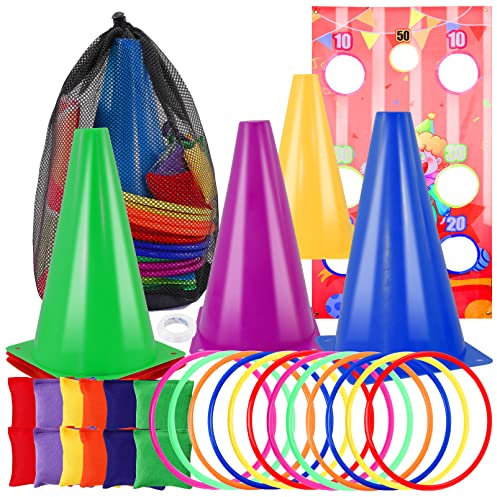 Loccmat 4-in-1 Ringwurfspiel Wurfspiel,32-teiliges Outdoor Spiele Combo Set mit Sitzsäck Ringe Kegel Werfen Spiel Zielposter Tragetasche,Wurfspiel Kinder Ringwurfspiel Outdoor Spiel Party Werfen Spiel