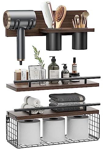 RoleDes Bathroom Floating Shelves with Hair Dryer Holder - Wall Mounted Wood Wall Shelf with Blow Dryer Storage Over The Toilet - Set of 3 Rustic Brown Farmhouse Decor