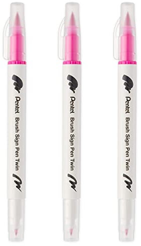 Pentel SESW30C-T109E Brush Sign Pen Twin Fibre Tip Pen - Double Ended - Tinte auf Wasserbasis - 3 Stück - Pink