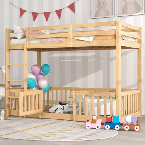 Sweiko Lit superposé avec échelle à Angle Droit 90X200 cm, Cadre de lit avec Rails et Portes, Bois Massif, couchette inférieure sans Lattes (Natural)