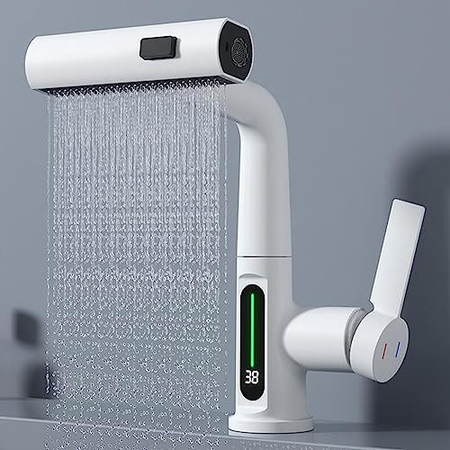 Miscelatore Lavabo Bagno con Doccetta Estraibile, Rubinetto Lavabo Bagno Estraibile Bianco Acqua Fredda e Calda Ottone Rubinetto Lavabo