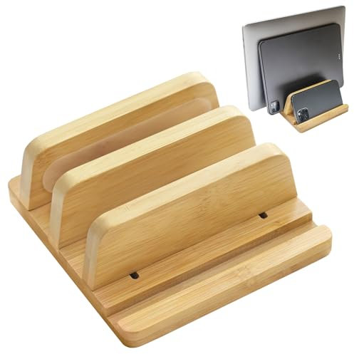 ROCDEER Vertical Laptop Stand for Desk, Double Stand Holder with Adjustable Dock 0.98 to 1.77, Fits All MacBook/Surface/Samsung/HP/Dell/Chrome Book, Natural Bamboo