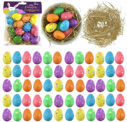 60 x Ostern Glitzer Eier mit Gras, Ostergras für Korbfüller Dekor, Ostern Styropor Eier für Mädchen Ostern Kunst und Handwerk, Ostereiersuche, Jungen Frühling Party Dekoration, Größe - 3,9 cm