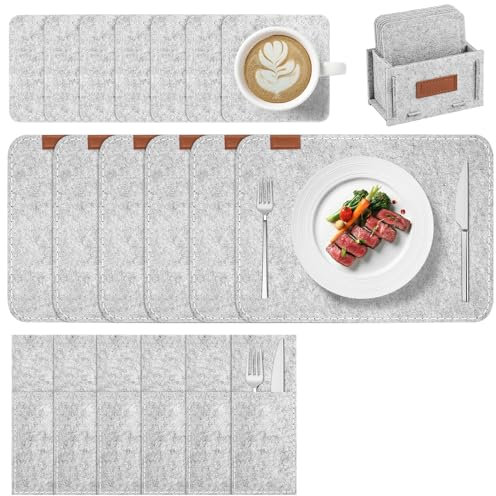 Witnewrage Tischsets aus Filz, Platzdeckchen Abwaschbar und Rutschfest - 19er Set Mit 6 Platzsets, 6 Untersetzer, 6 Bestecktasche, 1 Aufbewahrungsbox - Hellgrau