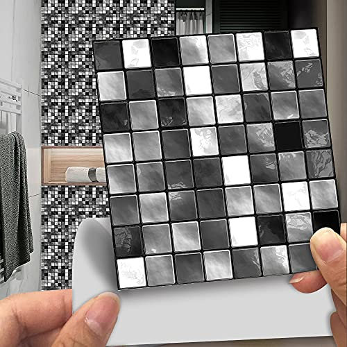 Fliesenaufkleber, Mosaik, schwarz, grau, zum Aufkleben, Vinyl, selbstklebende Wandfliesen, öldicht, Fliesenaufkleber für Küche, Fliesenaufkleber für Badezimmer, wasserdicht, Wandfliesen, 15 x 15 cm,