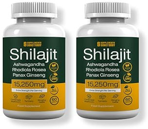Shilajit, Ashwagandha, Rhodiola Rosea, Ginseng, Cordyceps Mushroom, Ginkgo Biloba, Nettle, Turmeric- 15,520mg per Serving- 60-180 Vegan Capsules - 60 Servings per tub (2)