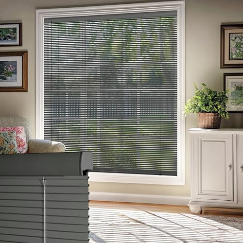HOTSOON 100% Privacy Aluminum Mini Blinds for Windows Cordless Room Darkening Venetian Blinds Anti-UV Waterproof 1 L-Shaped Slats Horizontal Shades for Home, Grey, Custom Size