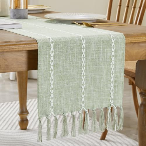 Wracra Tischläufer Salbeigrün Baumwoll Leinen,Tischläufer Modern Bauernhaus | 90cm, Gestickt Strukturiert, Boho Tischläufer Handquasten, Maschinenwaschbar, Esszimmer, Feiertage, Party, Wohnkultur