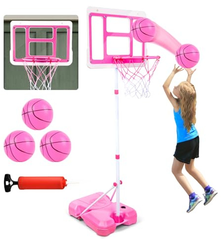 Kids Basketball Hoop with Stand, Adjustable Height 3.5FT-6.2FT Toddler Basketball Hoop, Basketball Goal Outdoor Indoor Toys for Girls Age 3 4 5 6 7 8 Years Old Gifts(Pink)