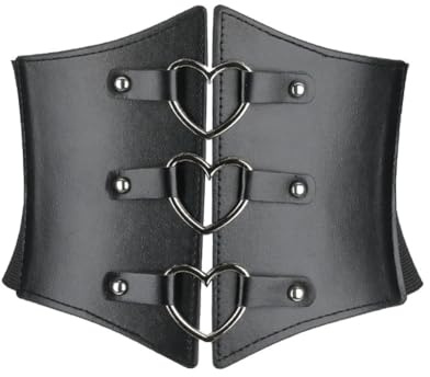 VANTOBEST Cintura corsetto da donna in metallo, con anello a forma di cuore, ampia cintura elastica in vita vintage, cintura in finta pelle per cosplay Halloween (75 cm), Nero , 85 cm