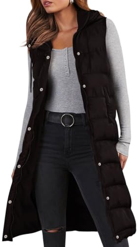 Minetom Lange Steppweste Damen Ärmellos Weste Mit Kapuze Einfarbig Winterjacke Wintermantel Reißverschluss Steppjacke Locker Longweste Steppmantel Kapuzenjacke Taschen A Schwarz XL