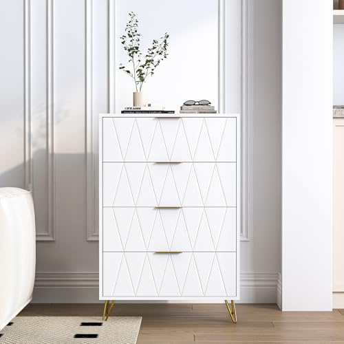 KEFSR Armario blanco de 4 cajones con mango de metal, cómoda con patrón de textura de diamante con patas doradas, cómoda de almacenamiento de madera para entrada, decoración de sala de estar (blanco