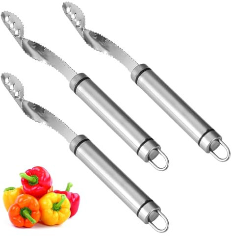 3 Stück Paprika Entkerner Edelstahl Chili Samenentferner Pfeffer Kernentferner Pepper Seed Corer für Apfel Bananen Obst Gemüse