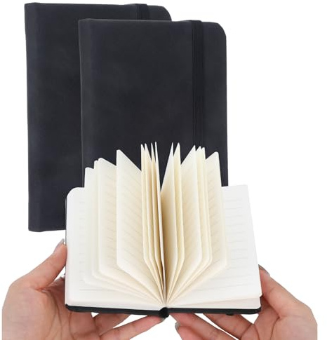 3 Stück Mini Notizbuch A7 Leder Notizbuch Klein Notebook Pocketbook | Kleines liniert Notizbuch mit Gummiband, Lesezeichen und Register, Mini Taschenbuch für Reisen, Studium und Büro, Schwarz