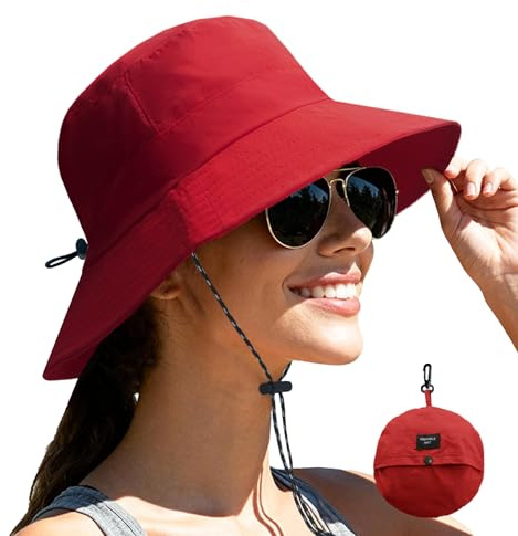 NPJY Cappelli da sole pieghevoli ad asciugatura rapida per le donne cappello da pioggia leggero impermeabile all'aperto con cinturino rimovibile, Rosso, Taglia unica
