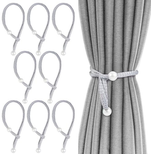 8 Pezzi Cravatte per Tende Grigio Perla,43.5cm Fermatende per Tende con Perle,Moderne Cordino Fermatende Lavorato,Corda Regolabile,per la Casa,L'ufficio,la Finestra,L'esterno,Decorazione Decorativa