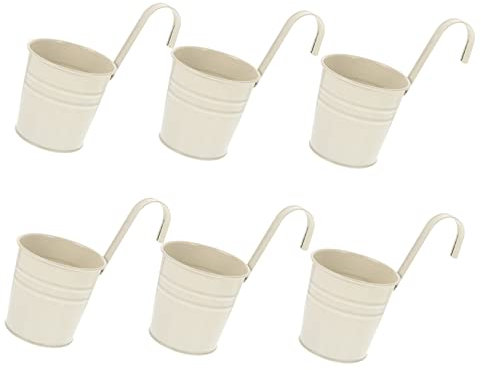 COOPHYA Jardinera De Cubo De Hierro Colgante Gancho Desmontable para Decoración del Hogar y Jardín, Maceta Metálica Cremosa Orificio De Drenaje 10x10x8 Cm, Set De 6 Piezas para Interior y Exterior