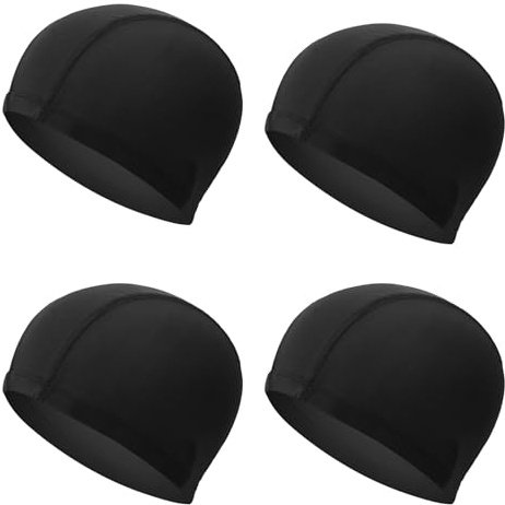 ATSNOSH 4 Piezas Negro Gorro de Natación para Hombres y Mujeres, Gorro de Natación de Tejido, Gorros Elásticos de Natación, Cómodo Gorros Ligeros de Baño, Talla Unica (Negro)
