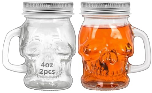eispap 2 Pcs Skull 4 oz Mini Mason Jar Mugs Mason Jar Mugs with Handles and Lids Small Drinking Glass and DIY Favor Decor Wedding Bridal Shower Party Supplies for Drinks, Gifts, Candles and Crafts