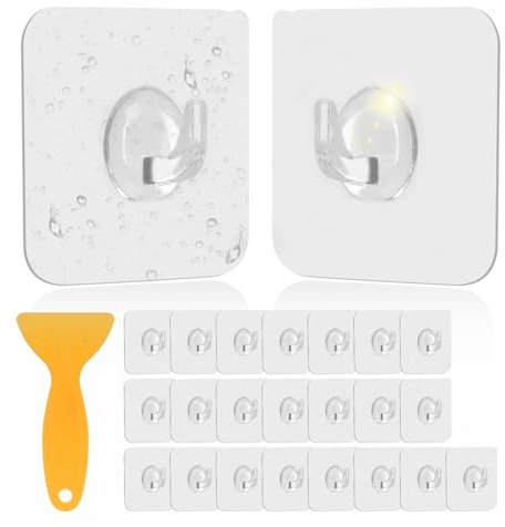 24 Pcs Self Adhesive Hooks Heavy Duty Stick on HooksClear, Transparent Extra Strong Wall Sticky Hooks for Hanging Coat Clothes Towel Key in Kitchen Closet Office Bathroom Hook, with Shovel