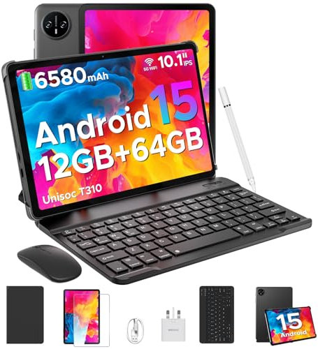 DOOGEE TAB A9 Newest Android 15 Tablet 10 Inch (2025), 12GB+64GB/2TB TF& Unisoc T310, 6580mAh Battery, 5G WiFi+GMS+Bluetooth 5.0+Face ID, 3.5mm Jack, Tablets with Keyboard, Pen, Mouse & Case- Black
