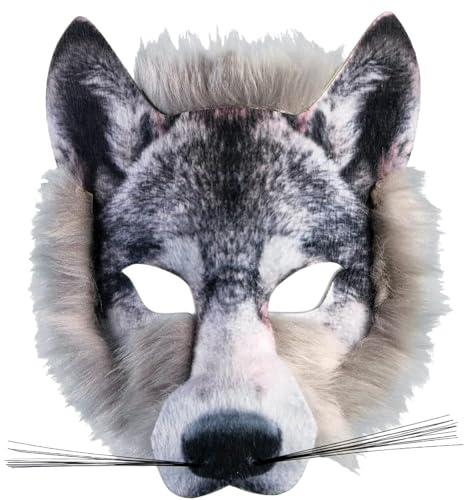 HoveeLuty Máscara de lobo, media cara con correa elástica, máscara de Therian peluda, 21 x 17 x 8 cm, divertida de cosplay para fiesta de máscaras, de Therian peluda.