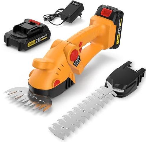 21V Akku Heckenschere klein mit Akku und Ladegerät, SundpeyPRO 2-in-1 Elektrische Heckenschere und Strauchschere mit 2.0Ah Akku, 1300U/min Grasschere Inkl. Grasmesser & Strauchmesser für Garten, Rasen