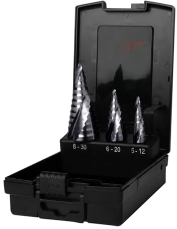 Juego de brocas escalonadas HSS con tecnología FLOWSTEP®, ideales para perforar metales y materiales duros con precisión y eficiencia.