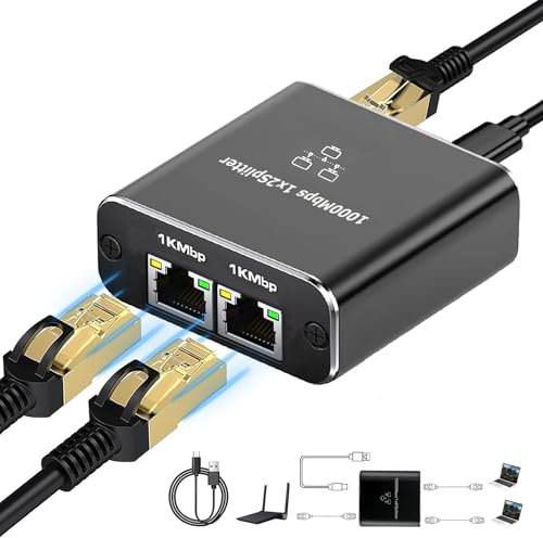 Splitter Gigabit Ethernet da 1 a 2, 1000 Mbps, splitter Ethernet ad alta velocità, 2 dispositivi contemporaneamente di rete, sdoppiatore Internet con cavo di alimentazione USB, splitter LAN RJ45 per