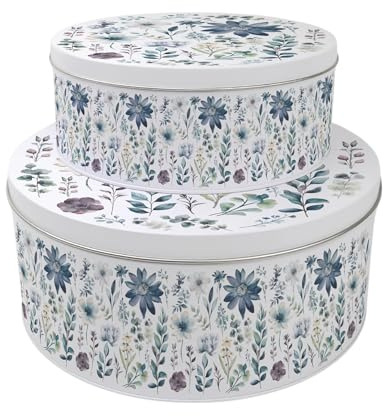 Purely Home Blue Pastel Flowers Set of 2 Cake Tins Gift - Floral Nesting Round Large & Medium Metal Storage Containers for Cakes and Baking