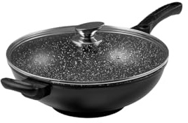 Pradel Excellence - PCUI001009 - Wok Ø32 cm avec Couvercle Verre - Fonte d’Aluminium - Revêtement Antiadhésif façon Pierre - Manche Amovible et Grille Demi-Lune - Tous Feux, Four, Lave-Vaisselle