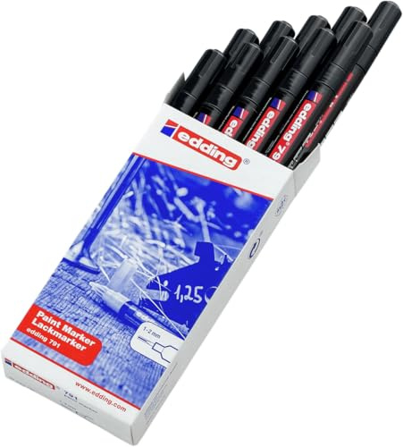 edding 791 Lackmarker – schwarz – 10 Stifte – dünne Rundspitze 1-2 mm – Lackmarker zum Markieren und Beschriften von Metall, Glas, Stein oder Kunststoff – hochdeckend, permanent, wischfest