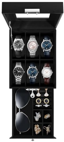 Uten Watch Box 6 Slots, 2-Tier Watch Case with Key Lock, Glass Lid, Watch Display Box for Men and Women, Black Synthetic Leather, Black Velvet Lining, Removable Pillows, Jewelry Storage Box, Gift Idea