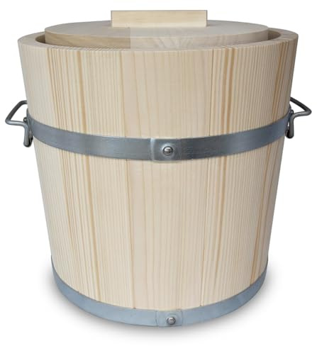 KERAZO Gäreimer mit Deckel – naturbelassenes Gärfass mit Metallumreifung und Haltegriffen – Sauerkrautfass aus Holz für Fermentation von Gemüse, Kimchi, Gurken – Holz Gärtopf aus Weißtanne (10 Liter)