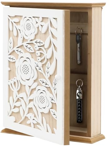 Domigard Cassetta portachiavi in legno con design retrò e 6 ganci per chiavi, organizer da parete per ingresso, corridoio, ufficio, 20 x 6 x 26 cm, portachiavi L, bianco (rosa)