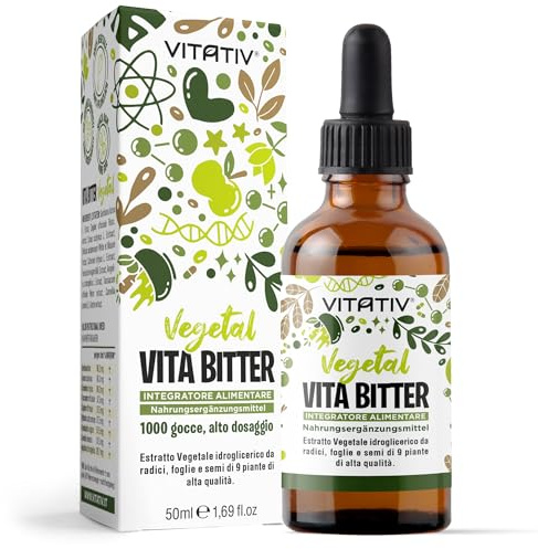 Vita Bitter – Estratto Vegetale Amaro 100% Naturale da 9 Piante, Effetto Amaro Saziante per Controllo della Fame | Senza Alcol | Carciofo, Genziana, Tarassaco, Cardamomo | VITATIV 50ml