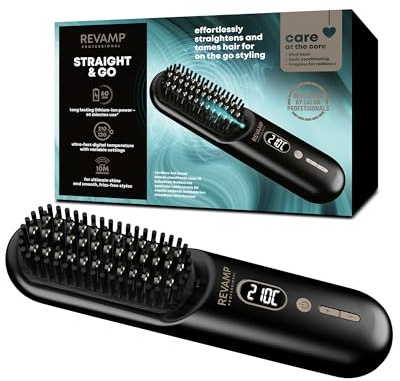 REVAMP Straight & Go Compact Cordless Straightening Brush - Portable Hair Straightener Brush, Ionic Technology, Ceramic Teeth, USB-C Charge, 60 Mins Use, Touch Up Travel Hair Styling, Smoothing Frizz