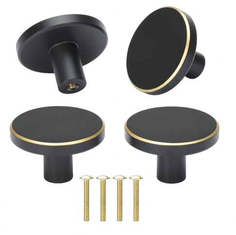 ACOLY 4 st möbelknoppar, 32 x 20 mm runda mässingsknoppar med skruvar, skåphandtag för sovrum, badrum, kök (svart + guld)