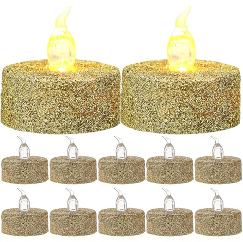 Bougies Chauffe-plat sans Flamme LED Dorées en Plastique 12 Pièces | Lueur Vacillante Réaliste, Lot Décoratif Élégant, pour Bars et Maisons