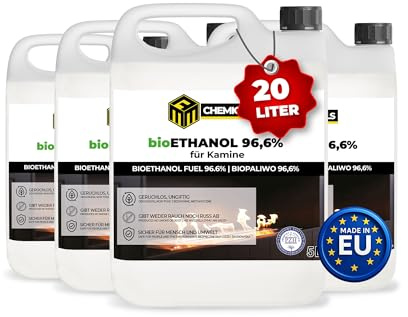 MRM CHEMICALS Bioethanol 96,6% – 4 x 5 L Brennstoff für Ethanol Kamine & Tischkamine – saubere Verbrennung ohne Rauch, Ruß & Geruch – geeignet für Innen- & Außenkamine – hochrein, sicher & effizient