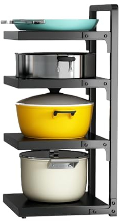 LEKE GO Estanteria organizador de 4 niveles negro, estante para ollas y estante para sartenes para encimera de cocina 53x27x23 cm (Negro, 4 niveles)