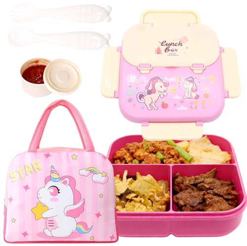 WFKKMEQ Unicorn Lunch Box, Leakproof Bento Box Set with Lunch Bag Utensils Lunchs Container Lunchbox Portability Snack Boxes Lunch Boxs with Compartments for School, Picnic, Travelling