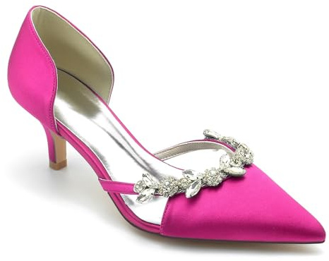 Women's Wedding Shoes for Bride Satin Pointed Toe Pumps Sparkly Crystal Rhinestone Bridal Shoes Comfortable Kitten Heels